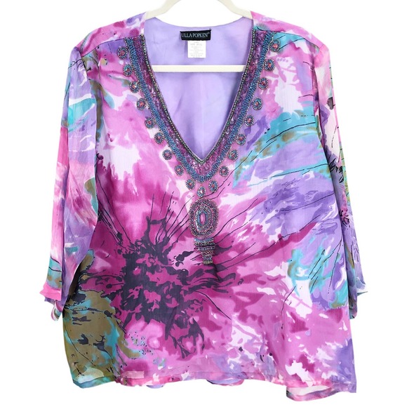 Ulla Popken Womens Size 20/22 Embellished Floral Blouse 3/4 Sleeve Relaxed Fit - Picture 8 of 8